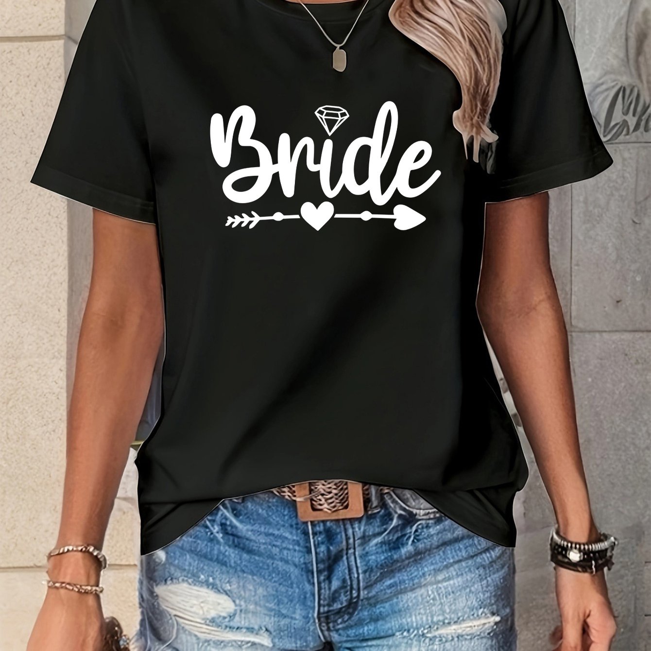 TEMU Bridesmaid Team T-shirt, Letter Print, Round Neck, Short Sleeved, Fabric, Polyester, Women's Top