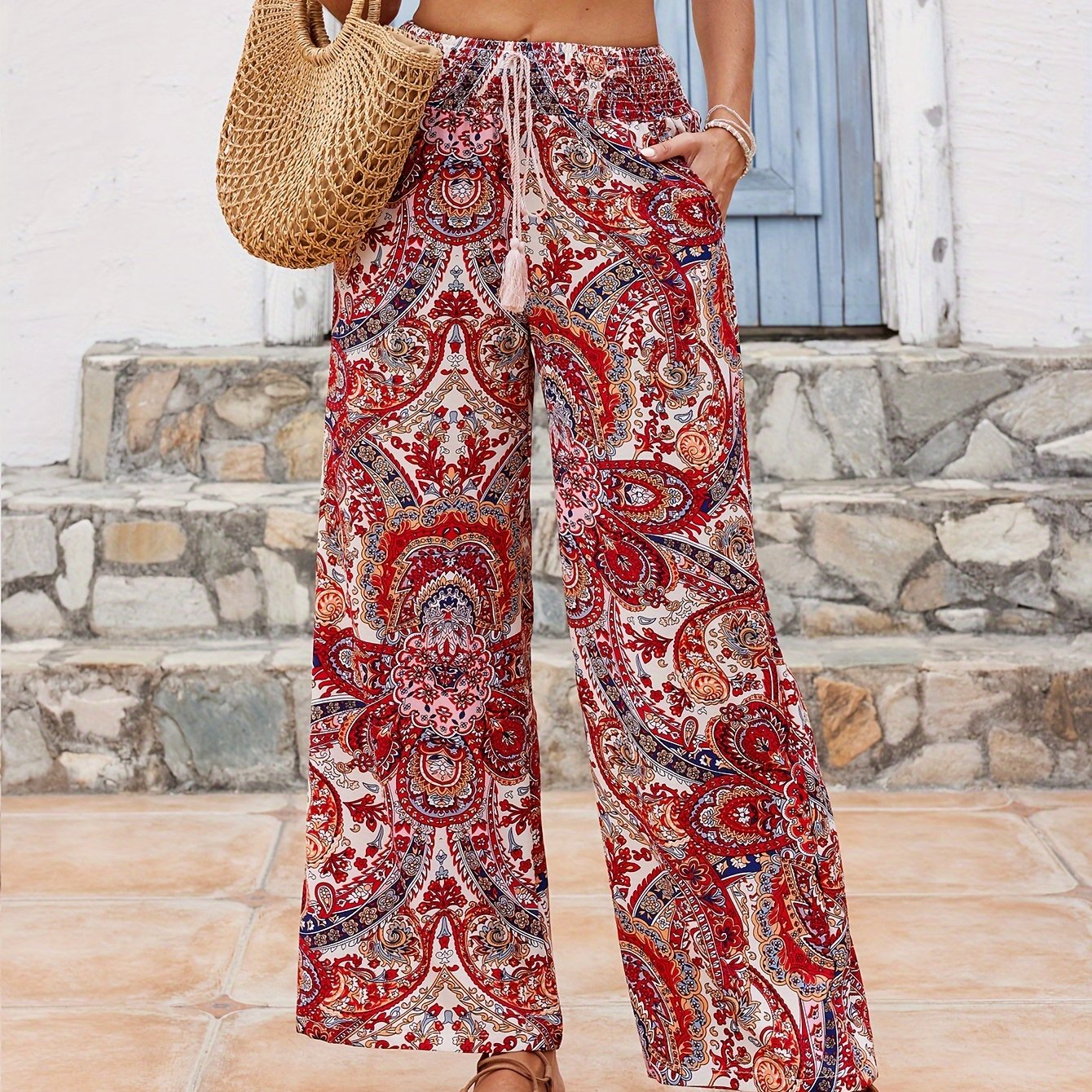 Image of Paisley Print Wide Leg Pants, Loose Tassel Tied Pants For , Women's Clothing