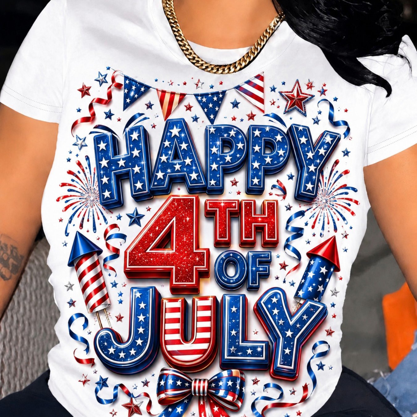 TEMU July 4th Shirt For Men Women With Lettering And Fireworks Men Women Short Sleeve Round Neck T-shirt, Loose Fit, , Machine Washable, Local Warehouse