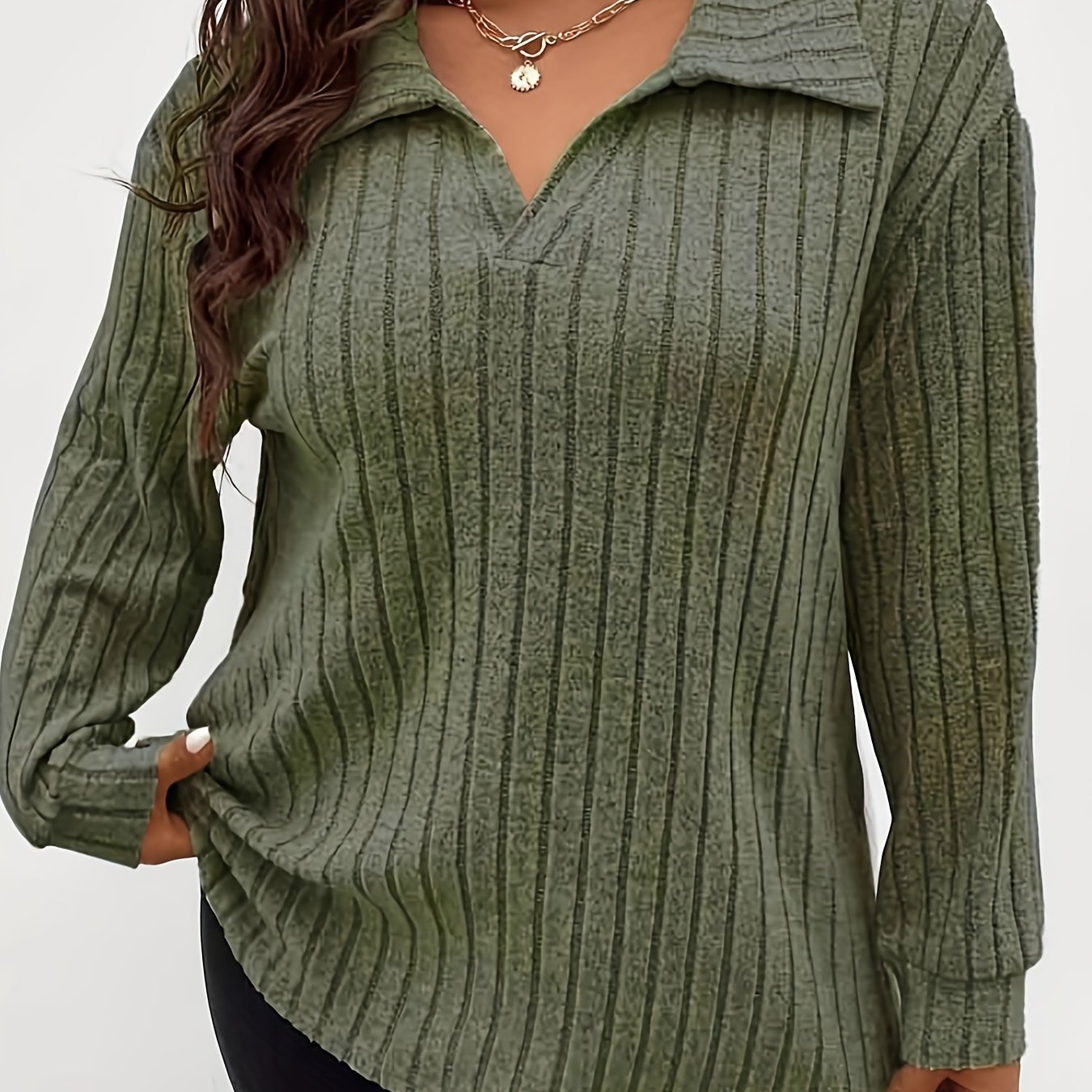 TEMU Plus Size, Wholesale Women Fashion Solid Color Rib- Lapel Long Sleeve Plus Size Top