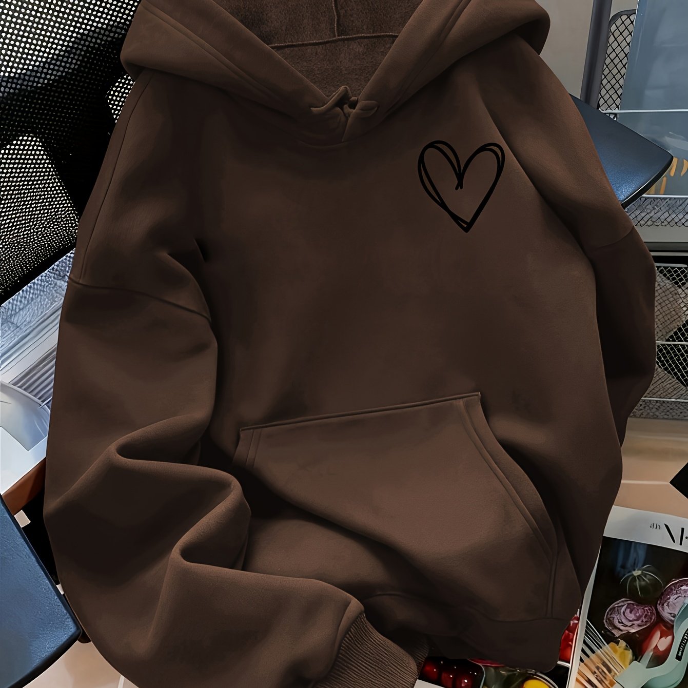 Image of Black Heart Print Hooded Pocket Casual Fleece-lined Sweatshirt