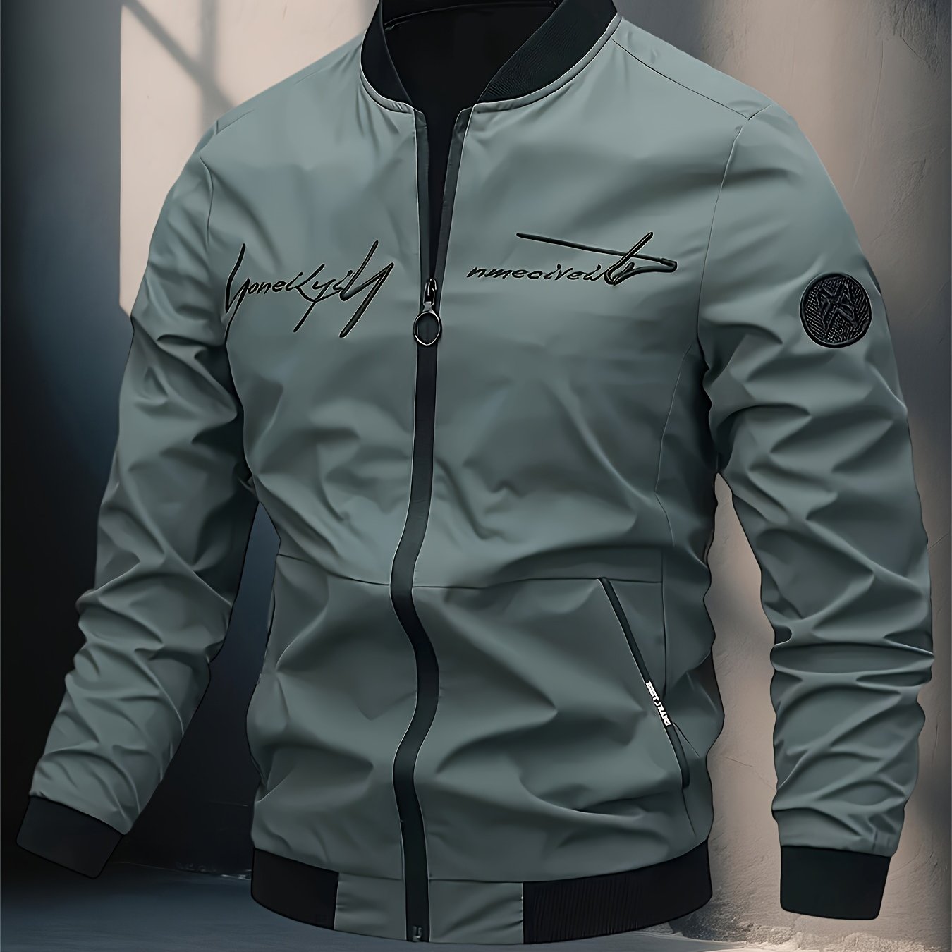 TEMU Windproof Jacket: Men's Pilot Jacket With Letter Embroidery And Full Zip Closure, Suitable For Outdoor Sports, Hiking, And Urban Commuting -
