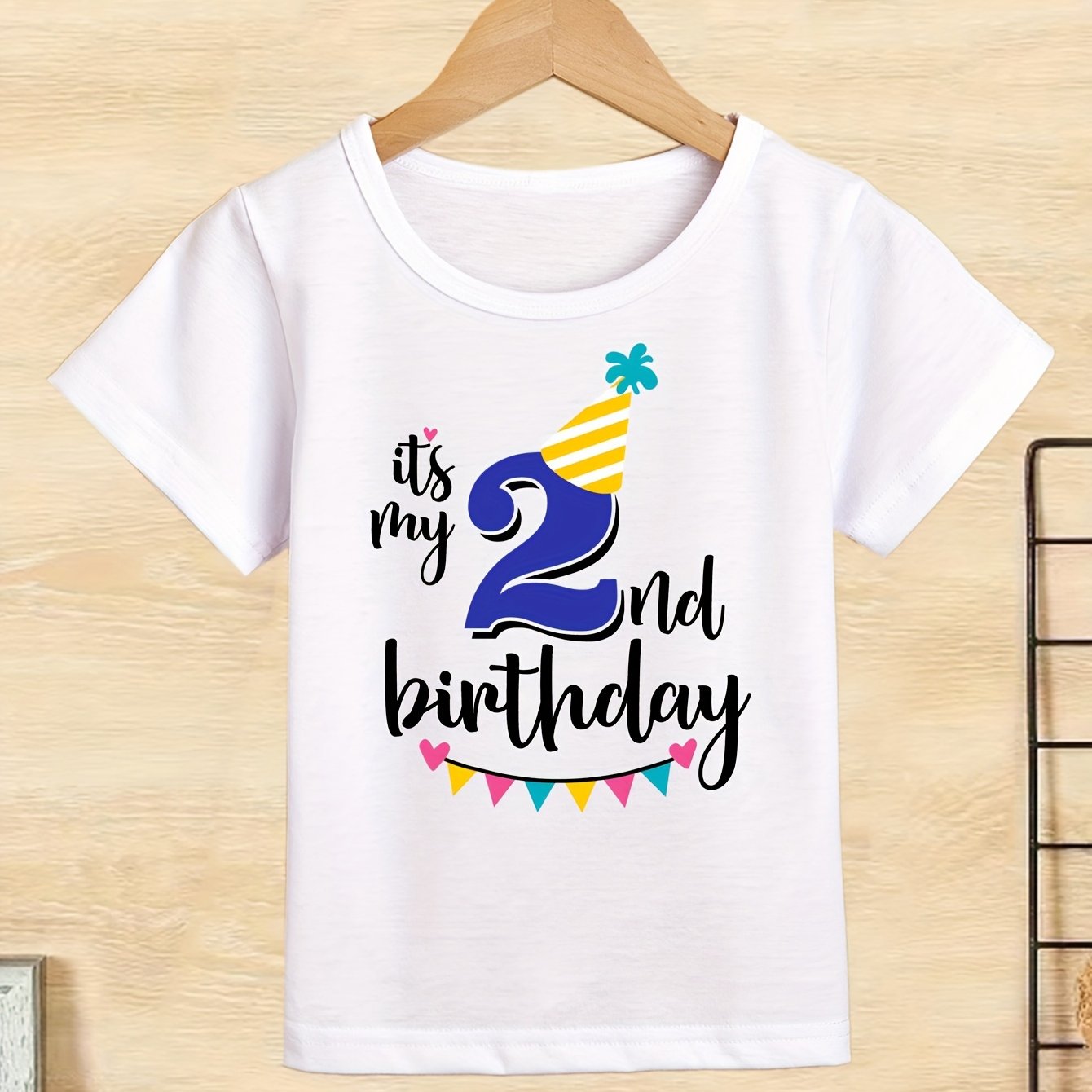 Image of 2nd Birthday Print Boys Creative T-shirt, Casual Lightweight Comfy Short Sleeve Crew Neck Tee Tops, Kids Clothings For Summer