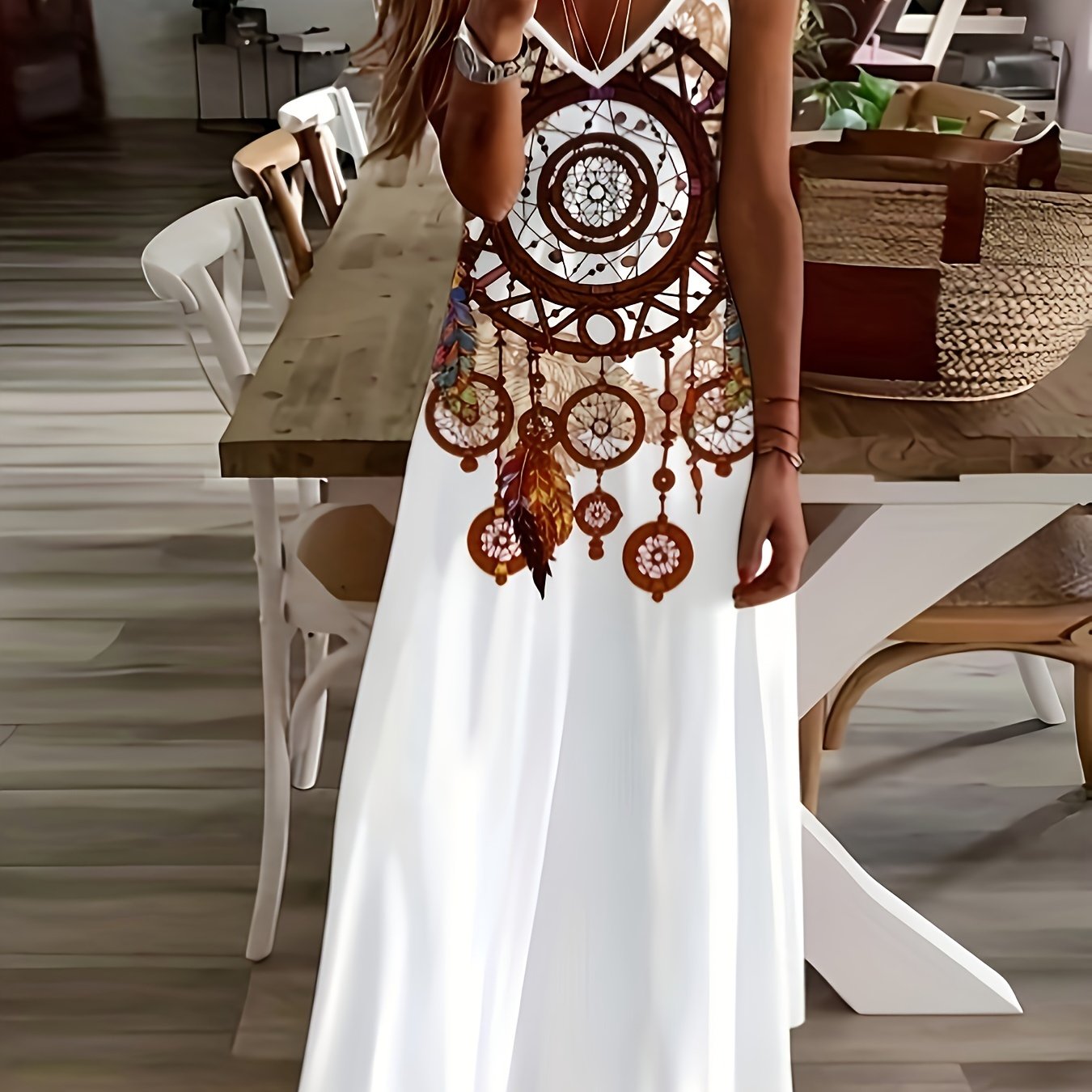 Round Floral Print Women's Dress | V-neck, Geometric Pattern, , Adult Fit