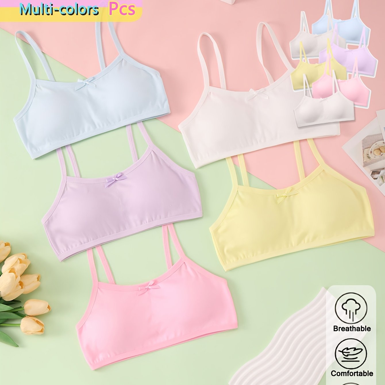 Image of Set Of 2 Adorable Bow-designed Bras For Girls With Detachable Padding, Comfortable And Underwear, Soft And Stretchy Sports Tops, Assorted Colors, Ideal For Teen Girls