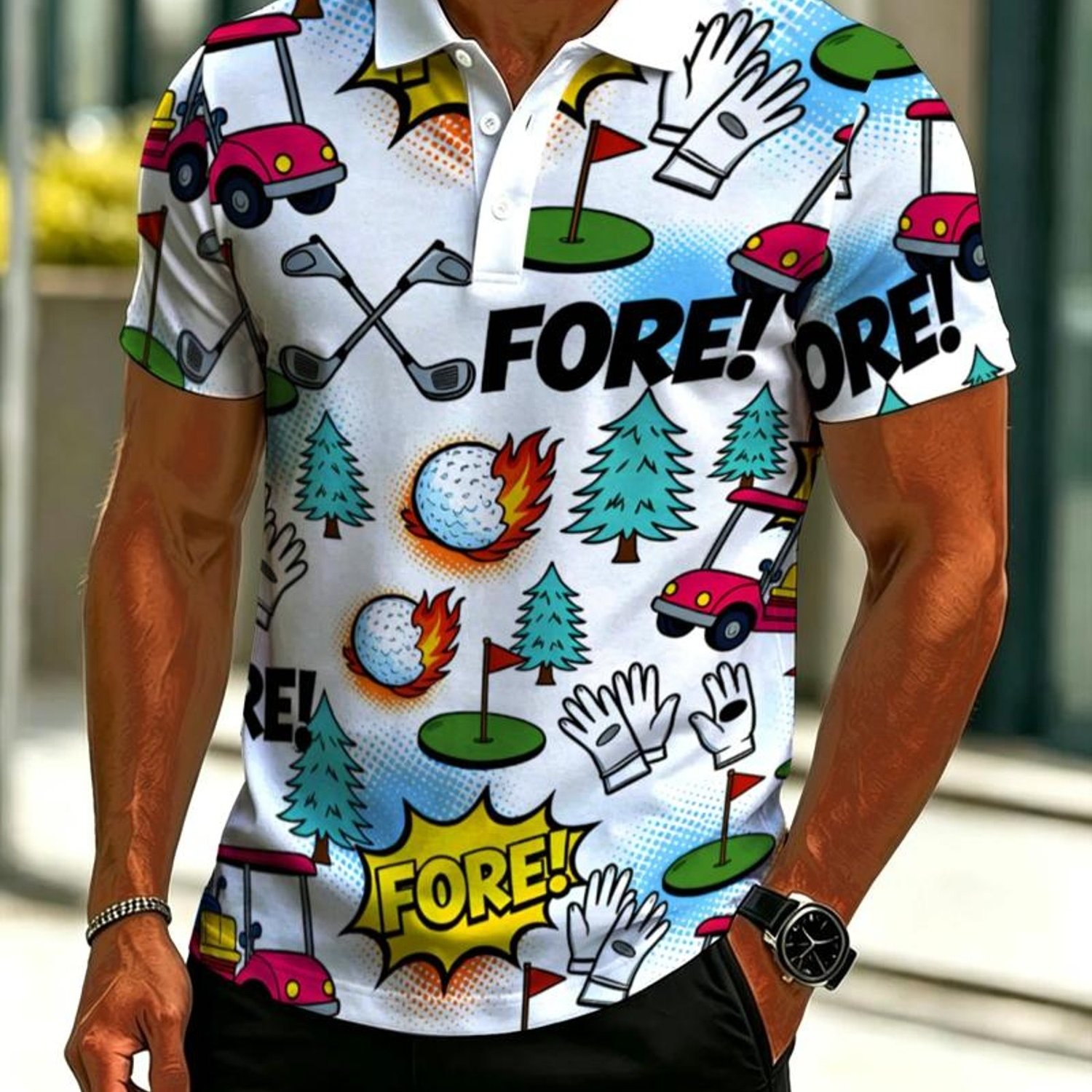 TEMU Men's Novelty Shirt, Colorful Comic Golf Pattern, "fore!" Design, Mixed Color, Multiple Sizes Available, Vibrant Golf - Themed, Style, For Golf