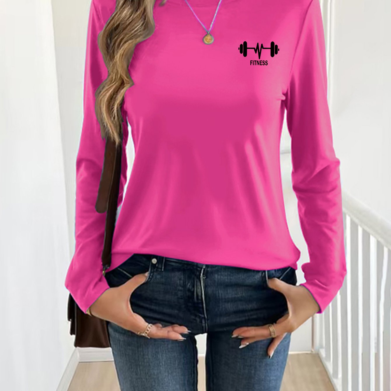 TEMU Spring And Autumn Fitness Women's Long-sleeve T-shirt With Barbell Print