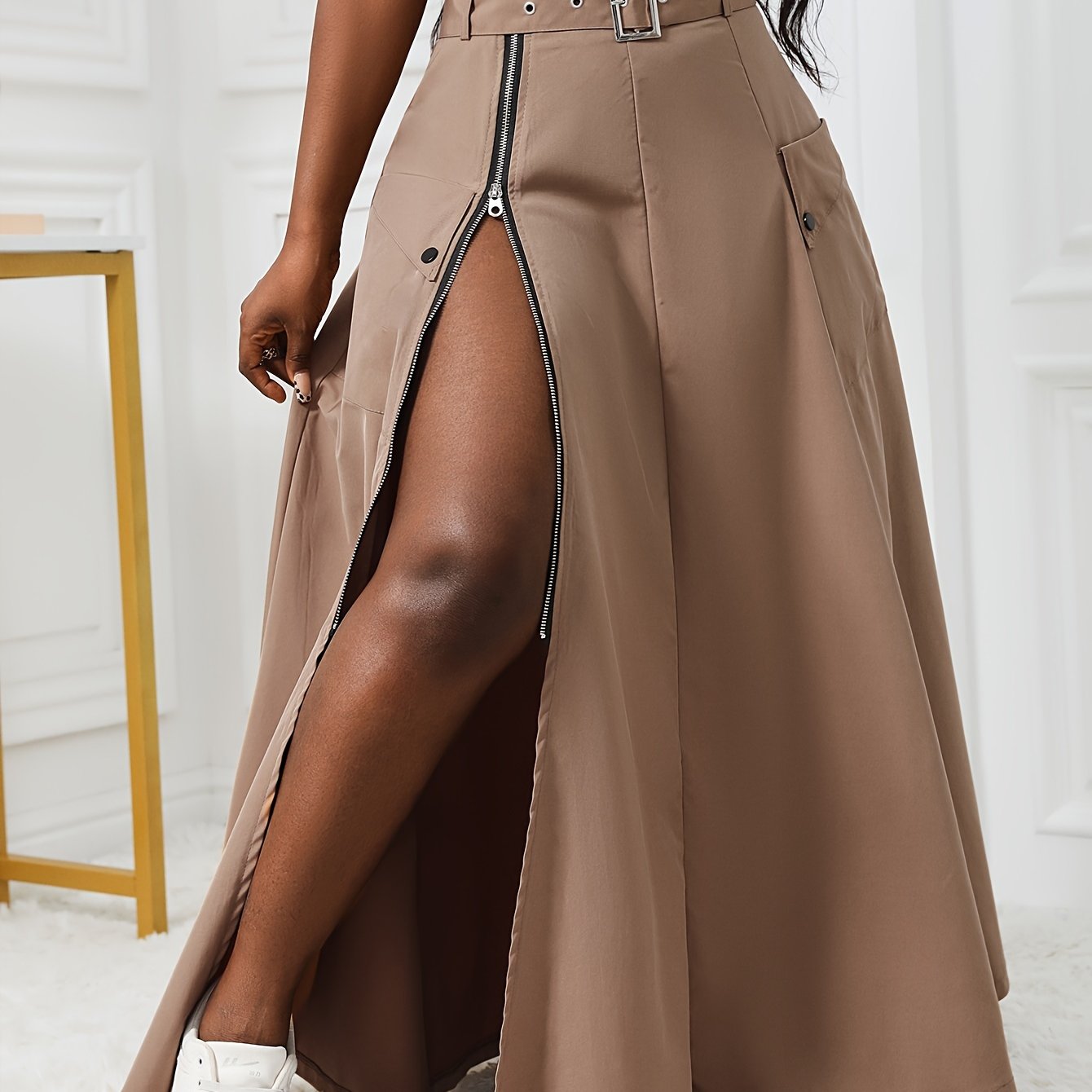 TEMU Women's -waist A- Skirt With Belt And Front Slit - 100% Sexy Midi Skirt With Woven