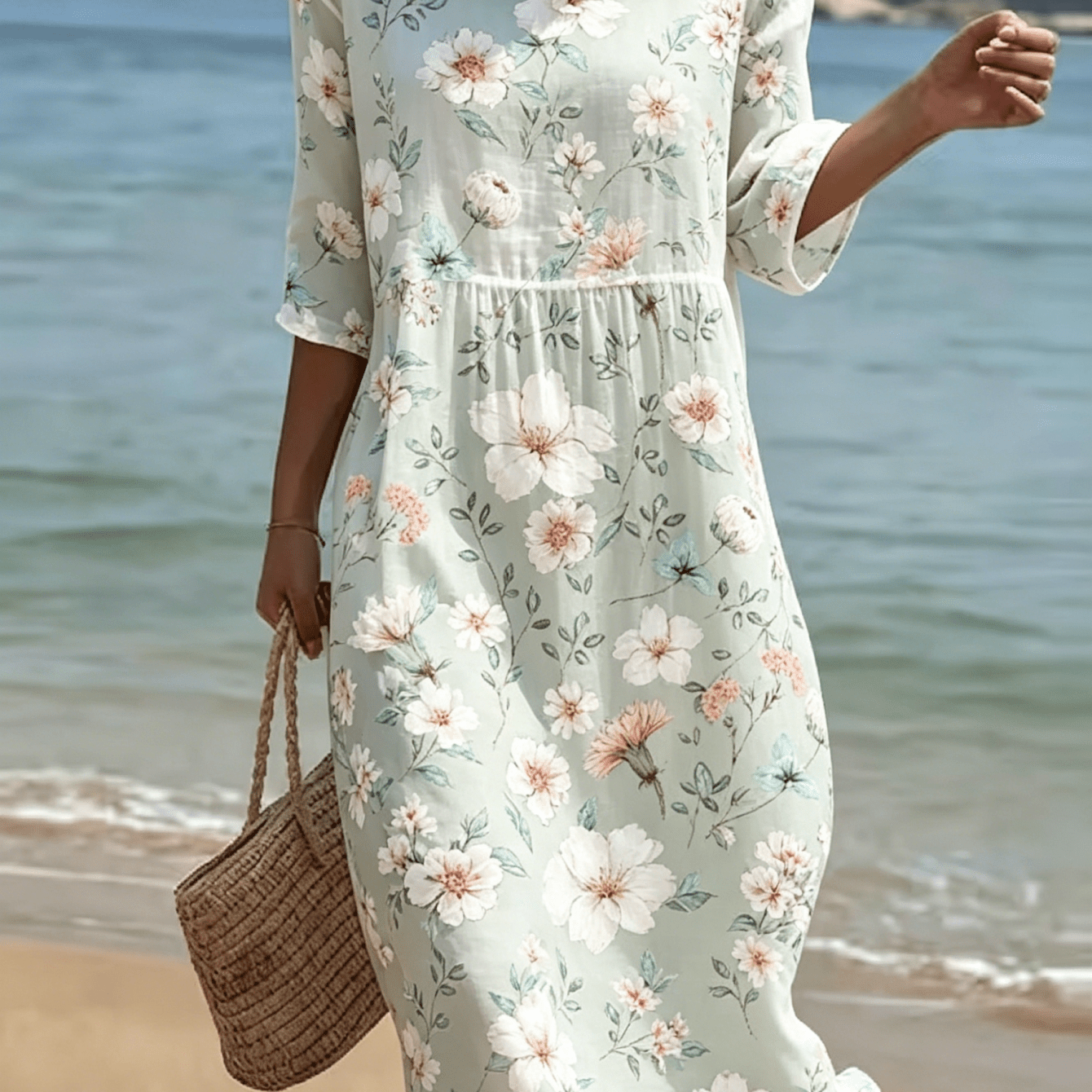 Image of Women' Floral Print Midi Dress, Crew Neck 3/4 Sleeve Fiber Fabric Dress, Soft Pastel White Flower Print, Elegant Loose Beach Dress For Women, Breathable Sundress