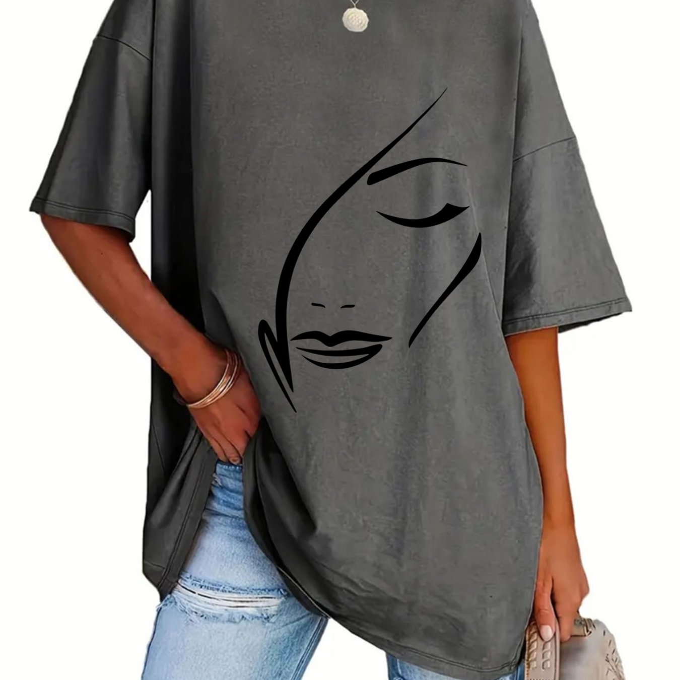 TEMU Plus Size, Pattern Print Fashion Round Neck T-shirt Plus Size