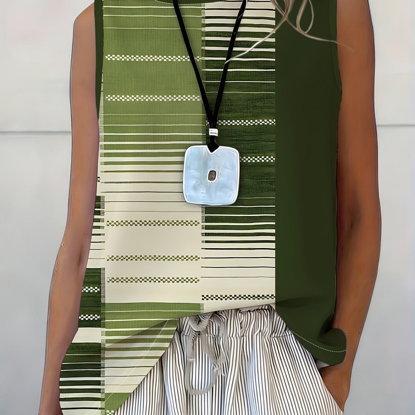 TEMU Green Sleeveless Top, Women's Casual Loose Vest, Summer All-match Striped