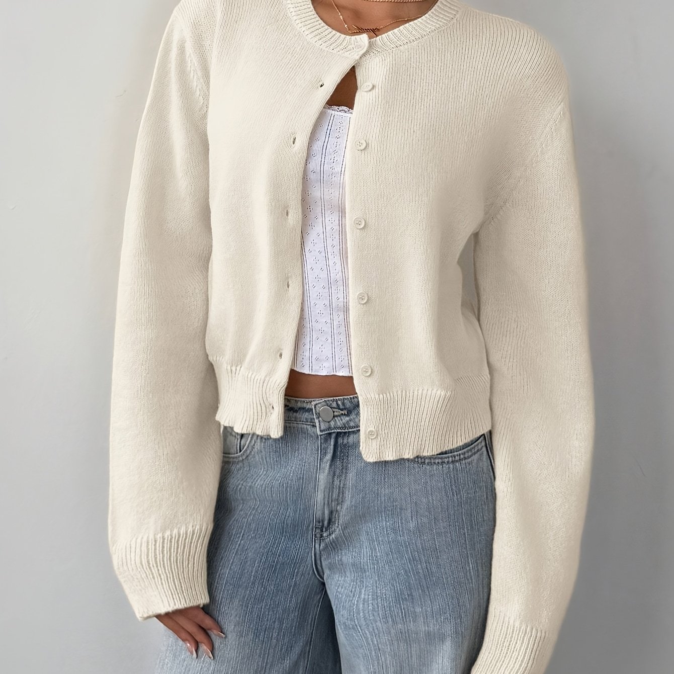 Fashion Casual Solid Color Round Neck Front Slit Long Sleeve Cropped Cardigan Jacket