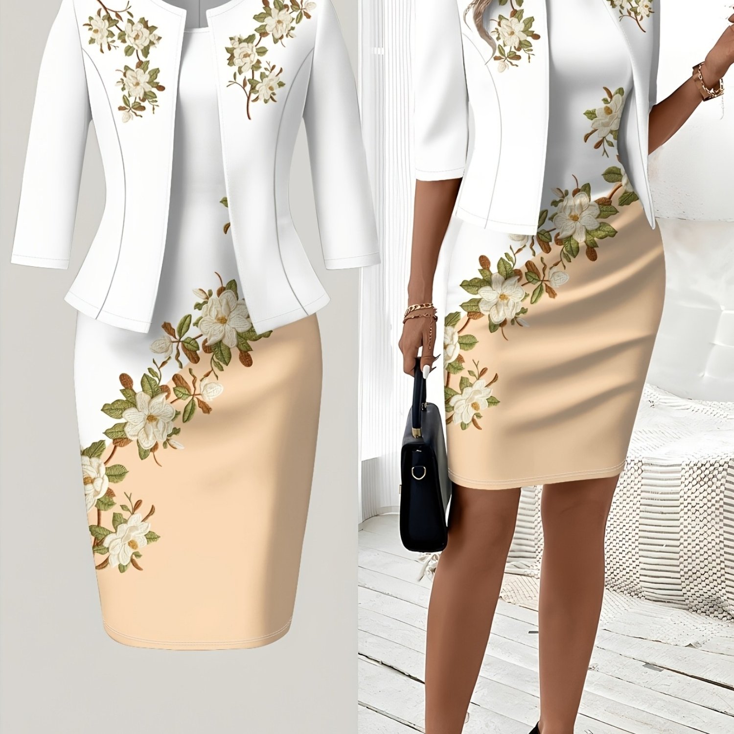 E-shop Bedrucktes Design Herbst- und Winterstile Lässiger Stil Blumendruck mit weißen Blumen Rundhals Kleid Anzug