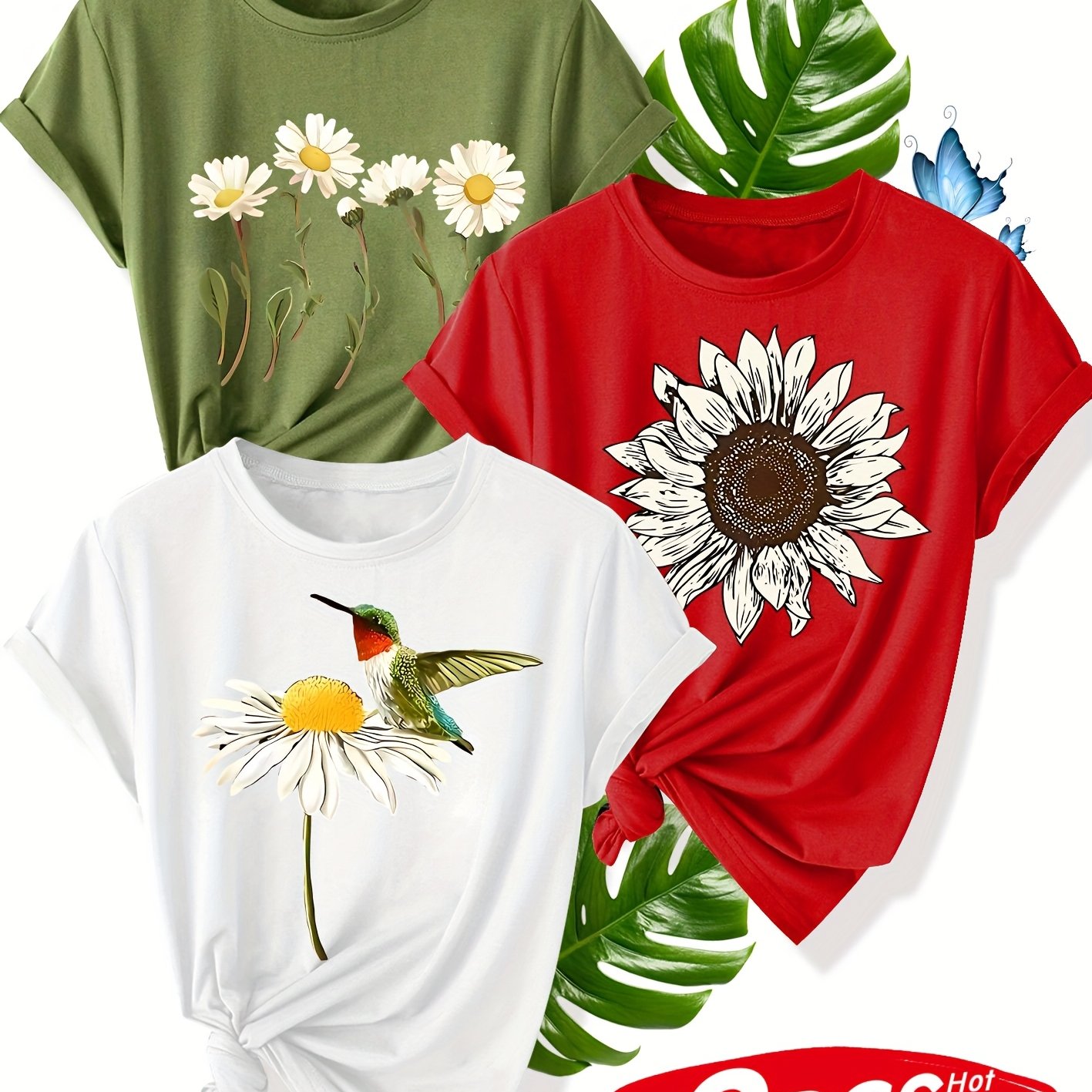 TEMU Multi-flower Three-piece Set: , Pack, Sisters' Pack - Printed Vintage Style Women's Summer Casual Sporty Round Neck Short Sleeve T-shirt In