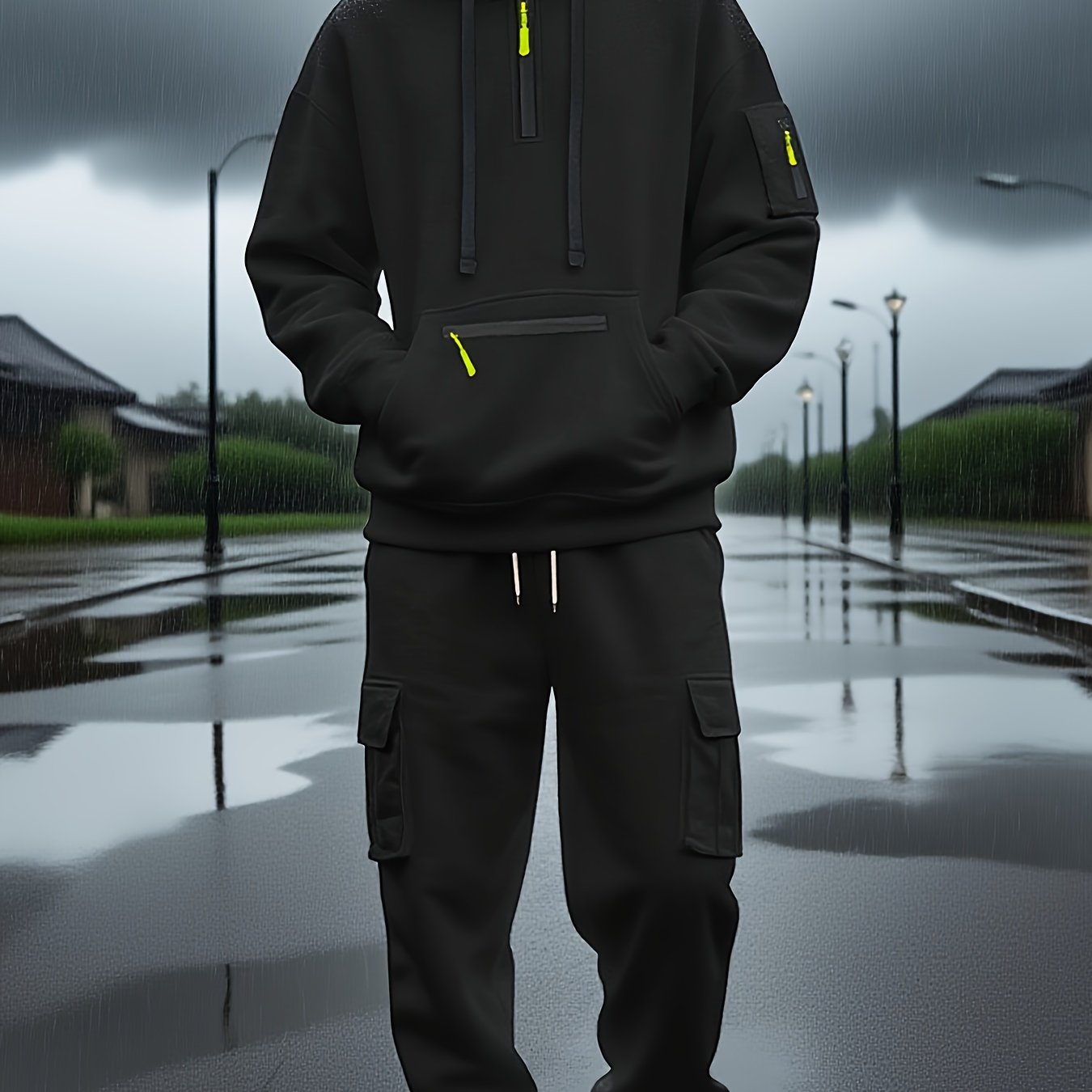 TEMU Men's Heavy Fleece Winter Set, Loose Casual Sports Workwear, Warm Two-piece Outfit With Multiple Pockets
