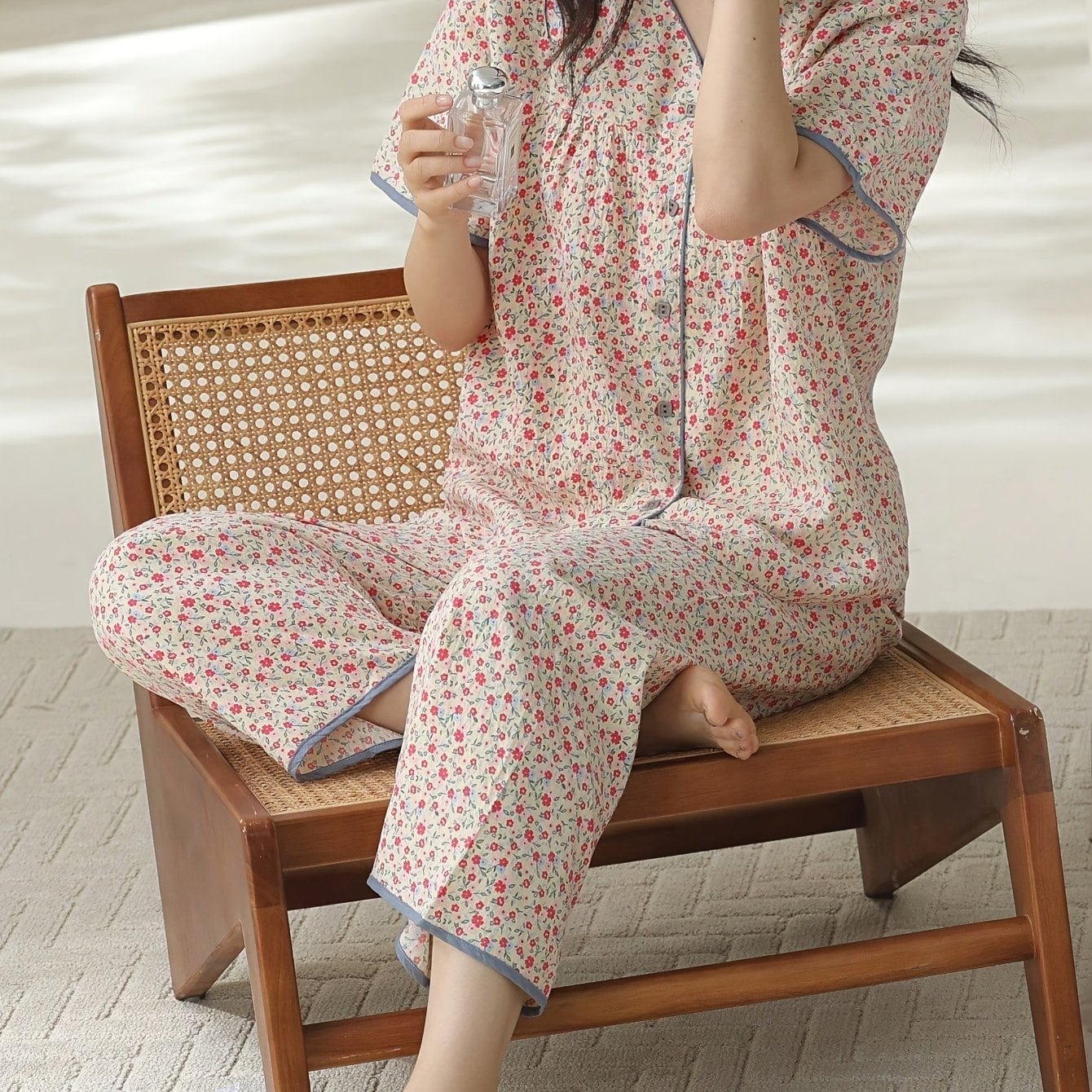 TEMU 2pcs Women's Pajama Set, Round Neck Cardigan V-neck Short Sleeve Top With Floral Print, Ankle Pants With Floral Print In Vintage Court Style,