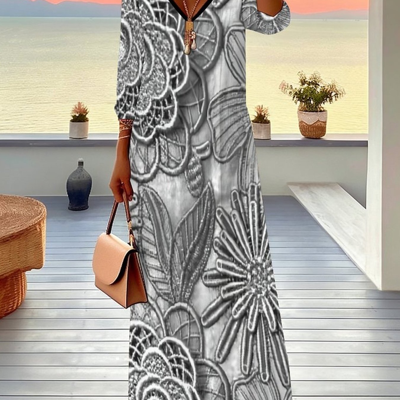 Plus Size - Women's Dress, Women's Plus Size Dress, Floral And , Full Body Print, Party Occasion, Casual Vacation, Elegant Women's Fashion, V-neck, Mid Sleeved Jumpsuit, Long Skirt
