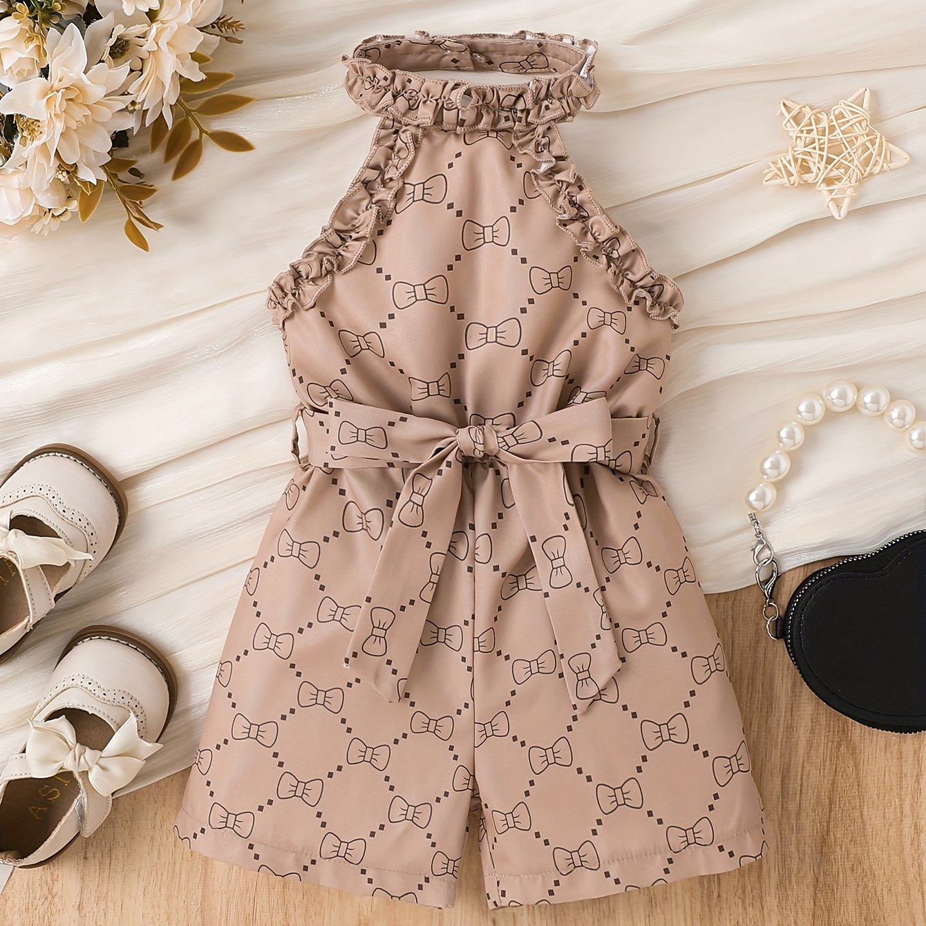 Image of P101354 Girls' Elegant Bow Print Bodysuit And Belt 2pcs Set, For Outdoor
