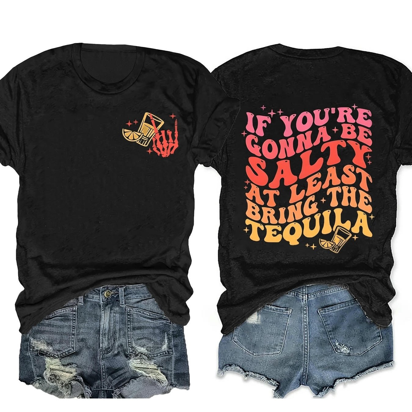 Plus Size - Plus Size - Graphic Black Wot Shirt Slim Fit Casual Graphic With Yellow Sombrero & Skeleton And Colorful Retro Text ''re Gonna Be At The Te.jpg, Festive Holiday Party Outfit For Adults