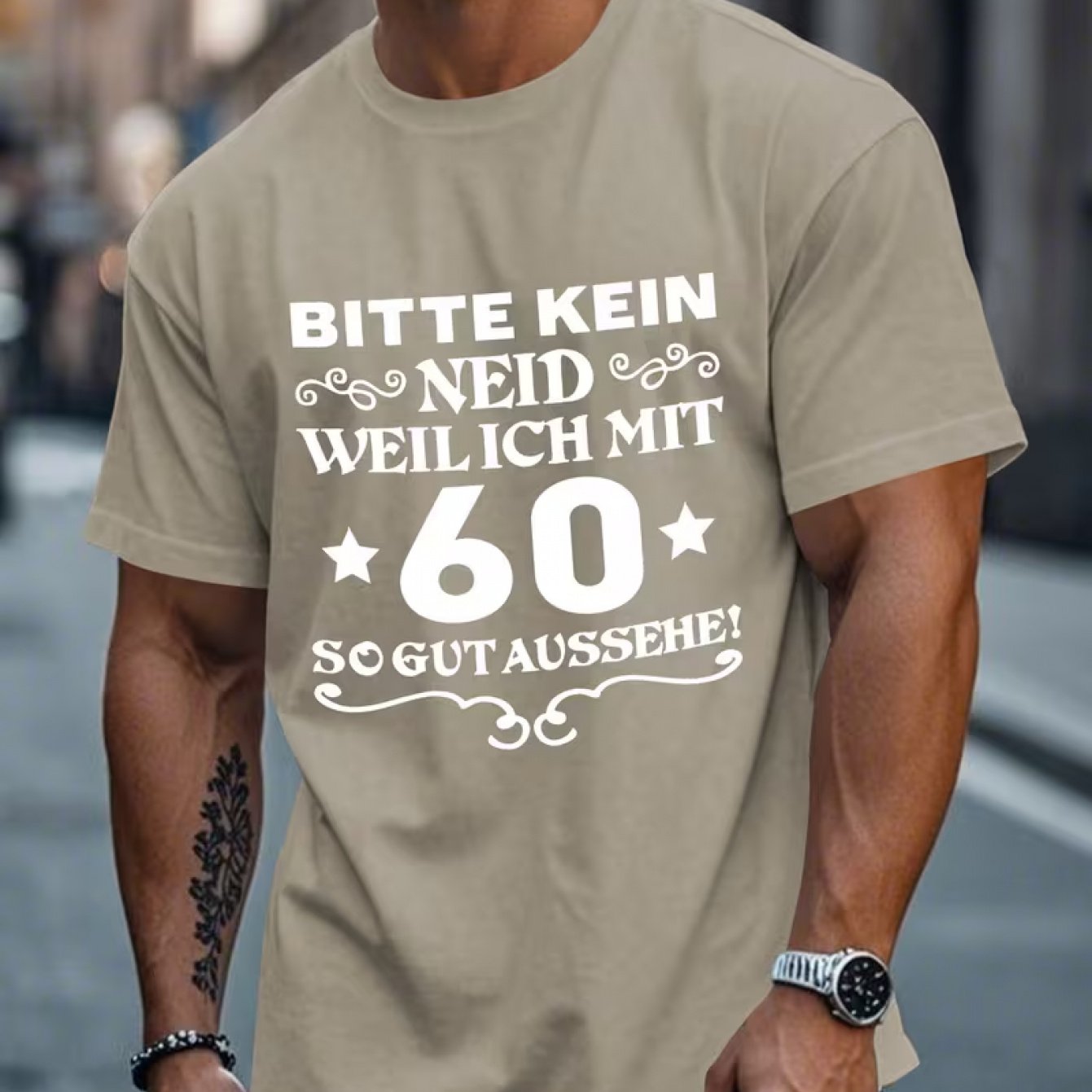TEMU Men's 60th Birthday Graphic T-shirt - "bitte Kein Nie Das!" Design, Black Casual Summer T-shirt, Short Sleeve, Crew Neck, Machine Washable