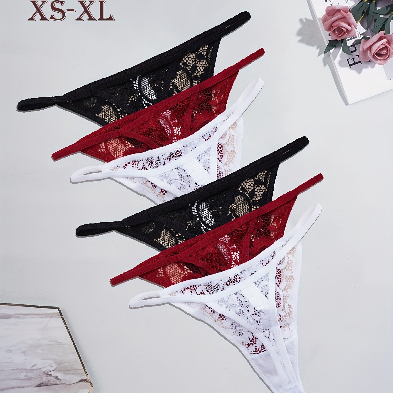 Image of 6pcs Sexy Lace Panties For Women - Mid-waist, Thin, Semi-transparent, Comfortable, Medium Stretch Fabric With Contrast Lace Detail, Elegant Floral Patterns, Lace Underwear Set (xs-xl)
