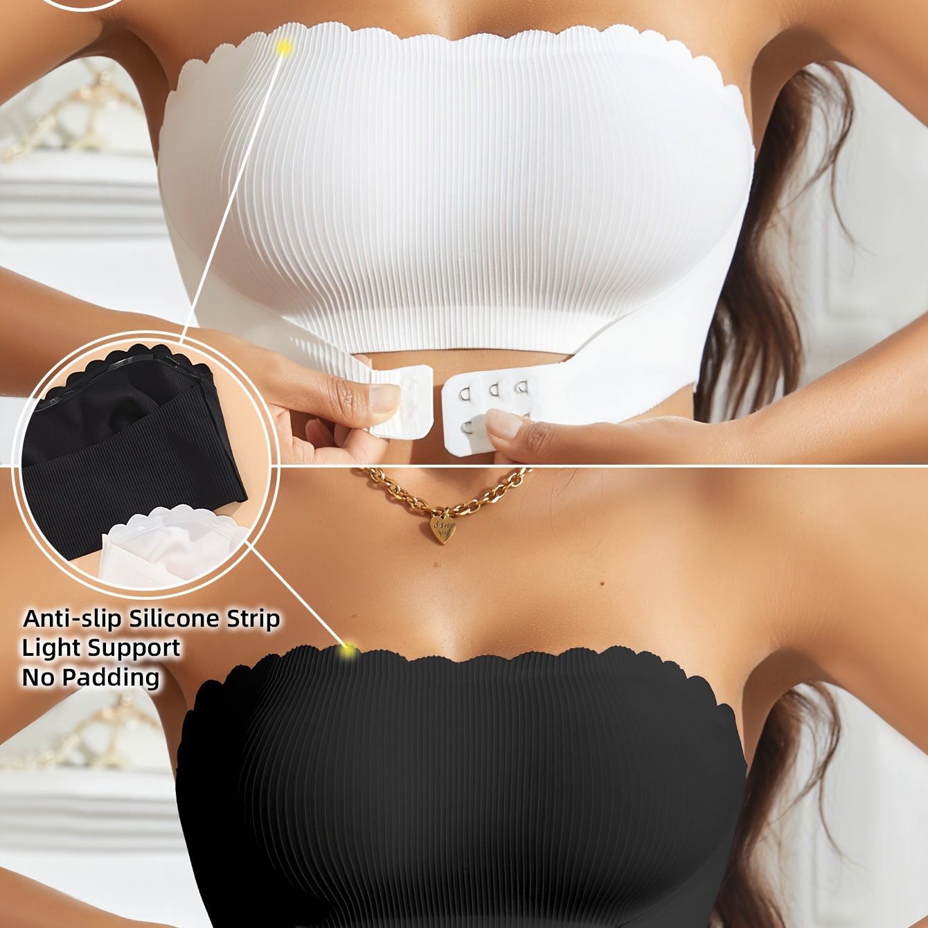 Image of 2pcs European And American Minimalist Wave-edge Ribbed Front Closure Sexy Comfortable Bralette, Needs To Be With Covers Non Slip Strapless Women's Bra