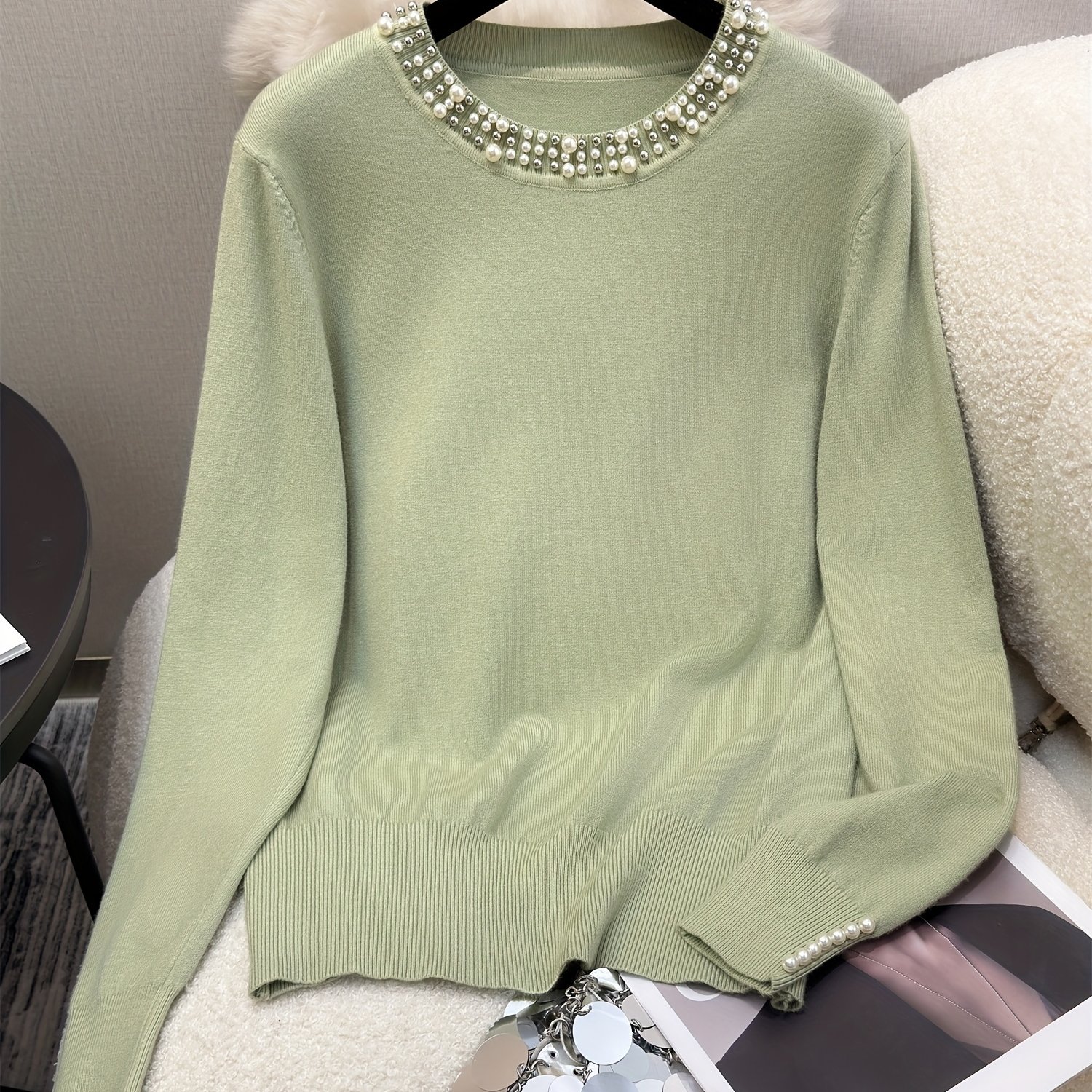 2024 Autumn And Winter New Long Sleeve Solid Color Nail Bead Base Layer Shirt Women's Casual Short Top Sweater
