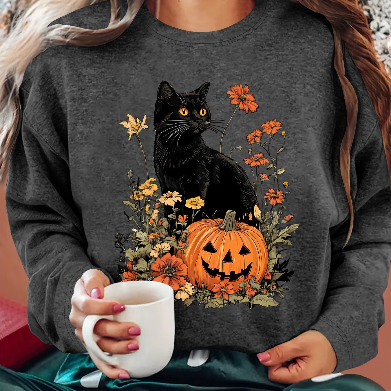 TEMU [women's Refresh] Women's Autumn Winter Clothing Jungle Black Cat Jack-o'-lantern Print Round Neck Long Sleeve T-shirt Sports Casual Comfortable