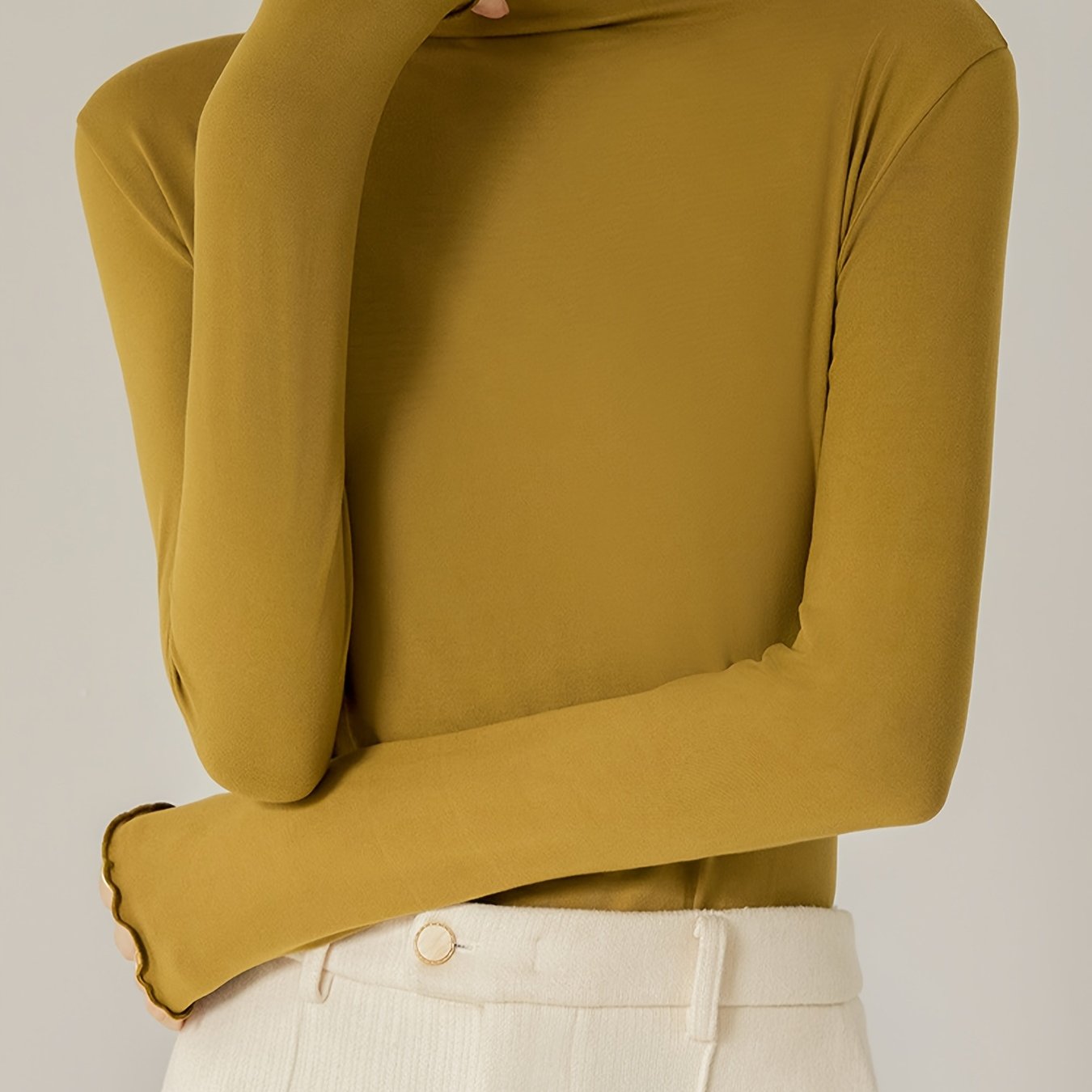 TEMU Women's Turtleneck Long Sleeve T-shirt Stretch Slim Sheer Layered Top Ruffle Trim Long Sleeve Base Layer Solid Color Casual Fashion Versatile