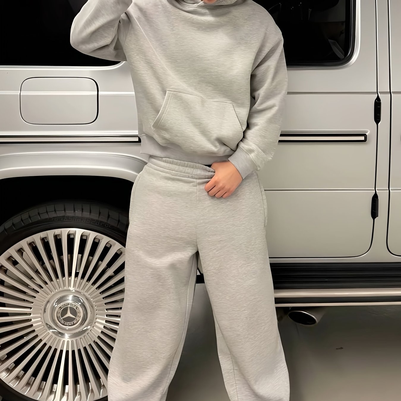 TEMU Conjunto de 2 piezas versátil de sudadera con capucha y hombros descubiertos de color floral liso y pantalones deportivos sin cordón, moderno