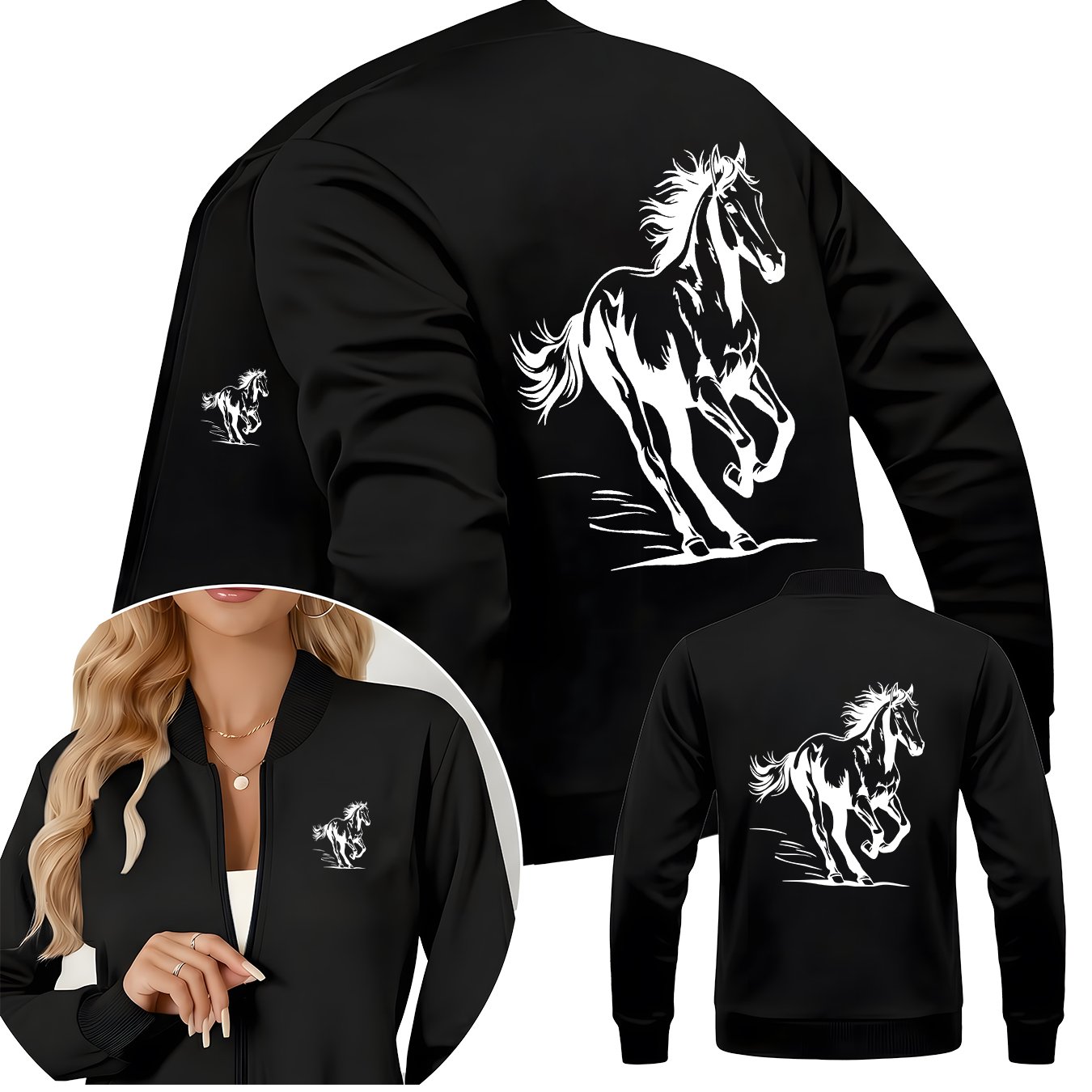 TEMU Women's Trendy Jacket With Horse Print, Casual Collar, Versatile Designer Zip-up Jacket