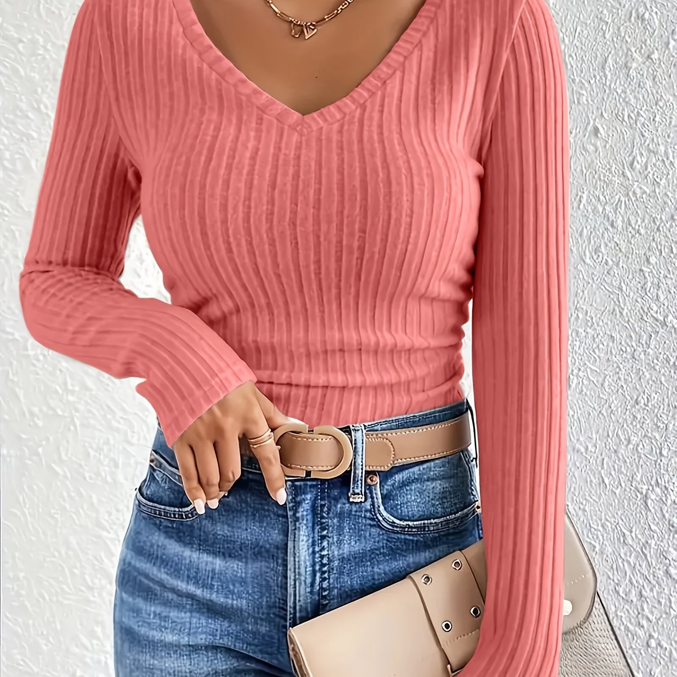 TEMU Damen V-Ausschnitt Langarm Geripptes Gestepptes Lässiges T-Shirt, Western Style Freizeit Top