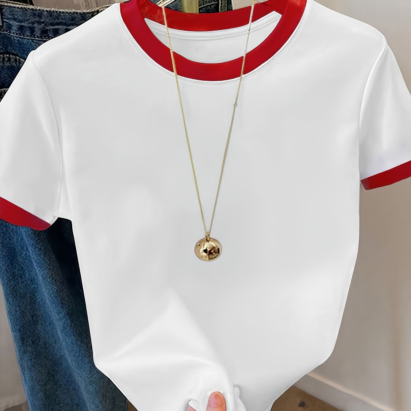 TEMU 2026 Fashionable Individual Round Neck Design Women's New Contrast Striped Style Solid Color Easy Pattern Women' Versatile Casual Comfortable