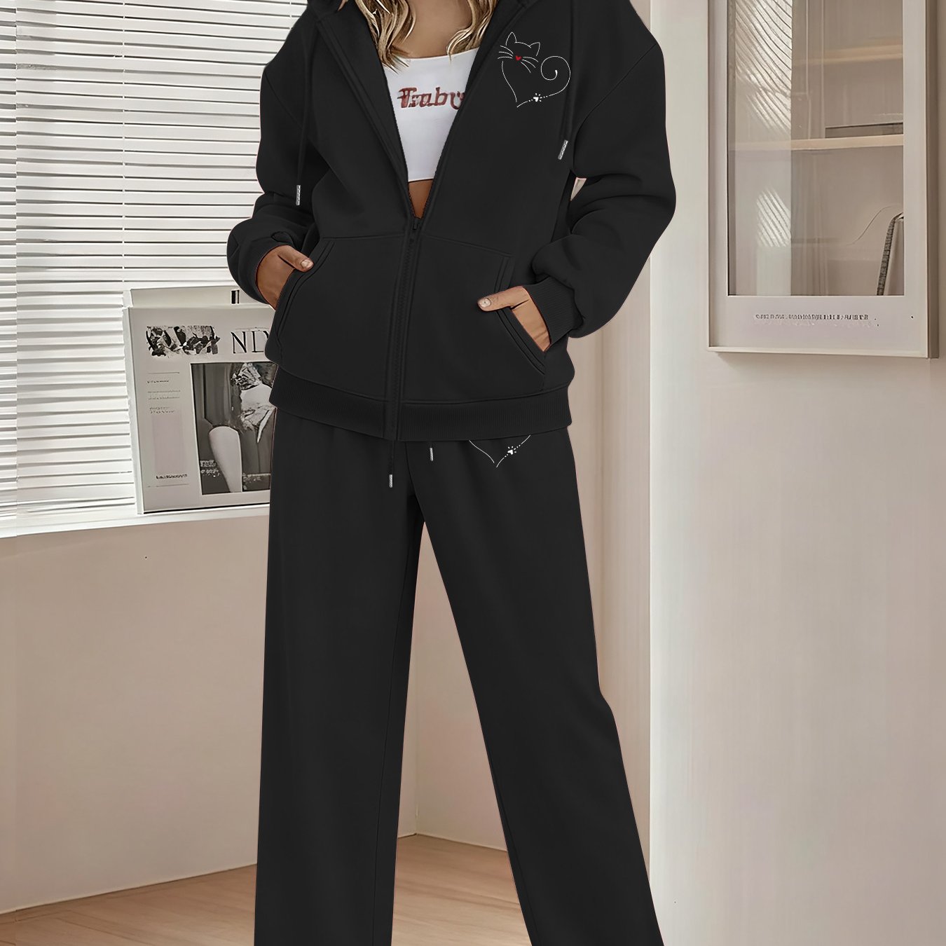 TEMU Graphic Print Two-piece Set, Hoodie And Pants, Women's Clothing