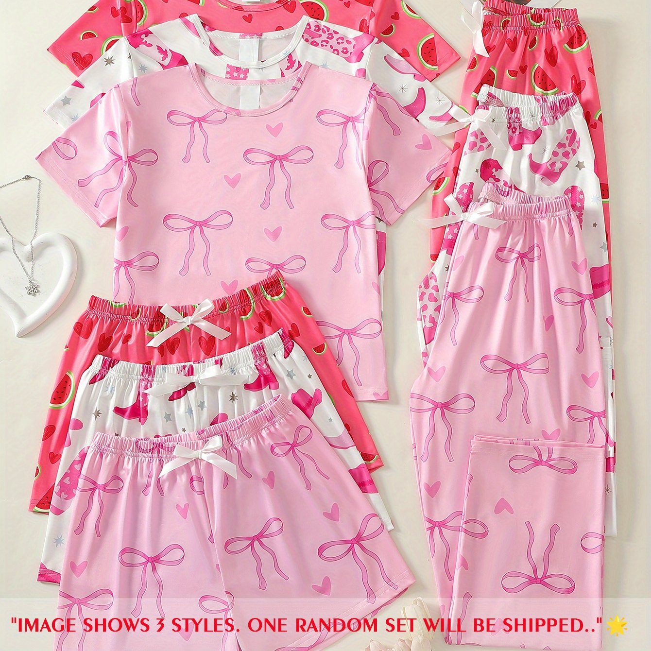 E-shop Zufälliges 1 Set Teen T-Shirt, Shorts und lange Hosen Pyjama Set, Stiefel/Schleife/Wassermelonen Print | Zufälliges Muster | Atmungsaktives,