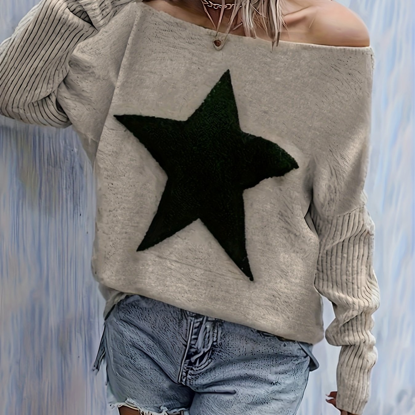 TEMU Женски пуловер с геометричен звезден принт - мека еластична горница с кръгло деколте, дълги ръкави, елегантни и удобни топове за ваканция и