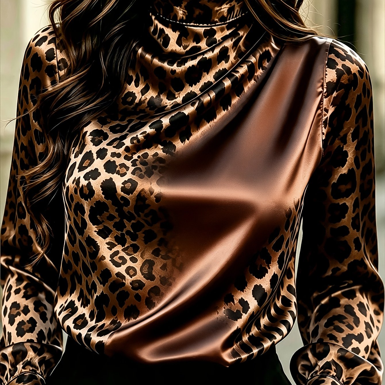 TEMU Plus Size - 1pc Satin Leopard Stand Collar Lantern Long Sleeve Vintage Loose Autumn Plus Size Top