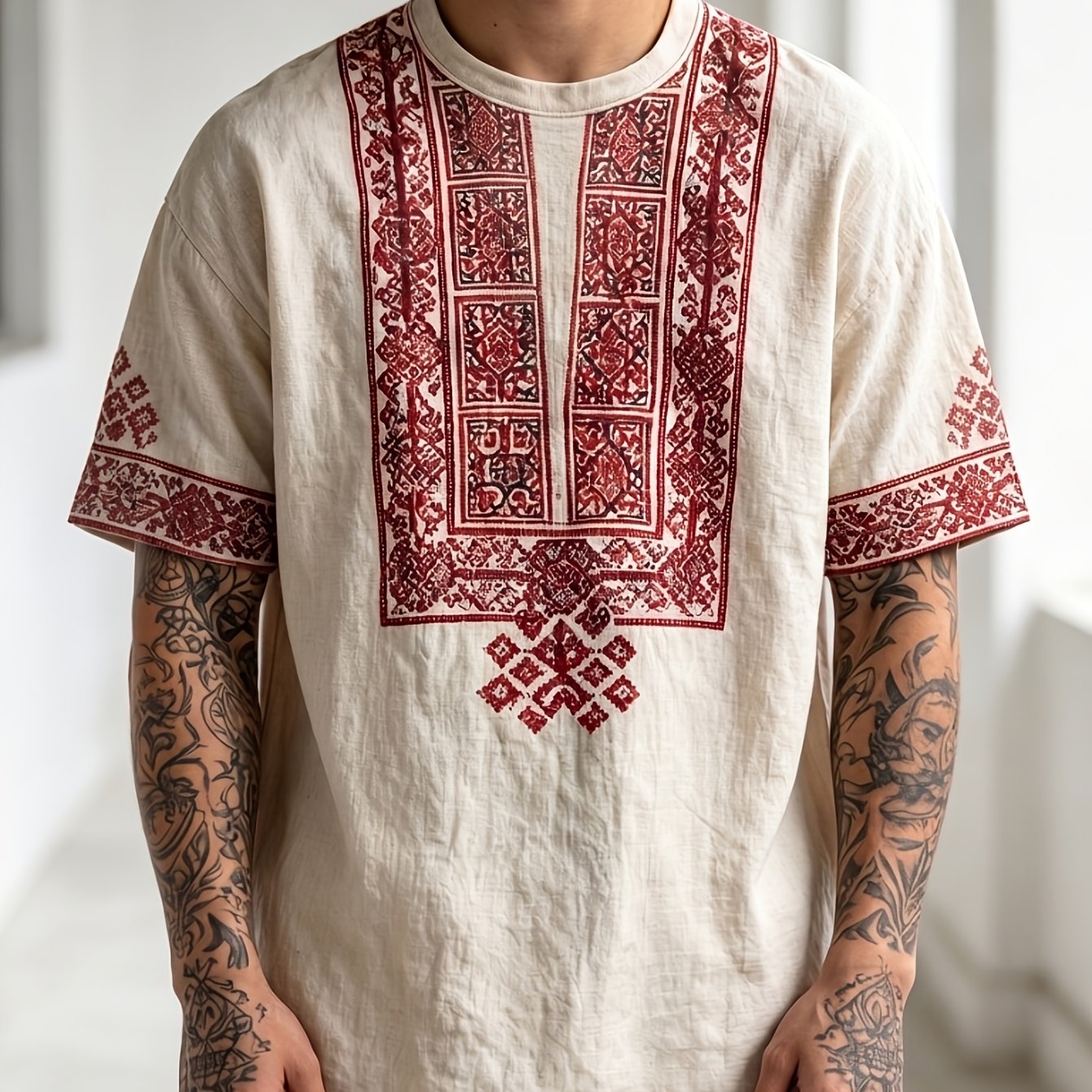TEMU [print Design - Not Textured//sequins Not Jean The Print White Distressed Linen Style Eastern European Ethnic Short Sleeve Print T-shirt - -