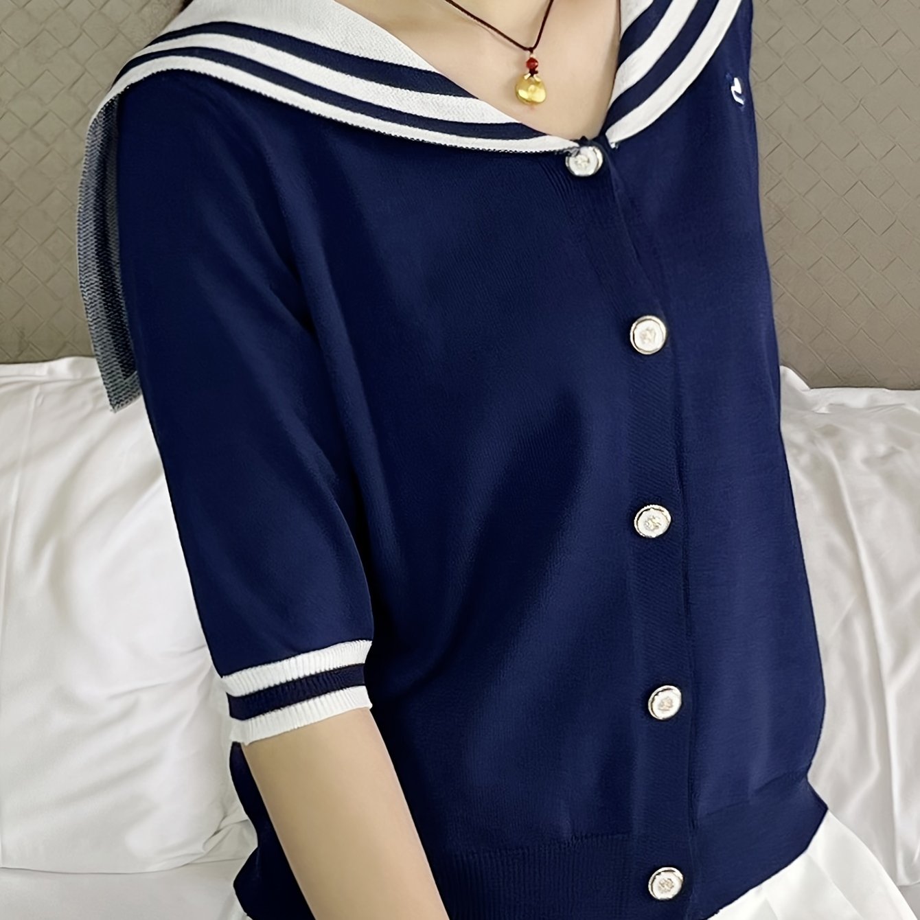 TEMU Casual And Stylish Short-sleeve Cardigan With A Single Button And Navy Collar, Featuring Contrasting Color, Perfect For Spring And Autumn