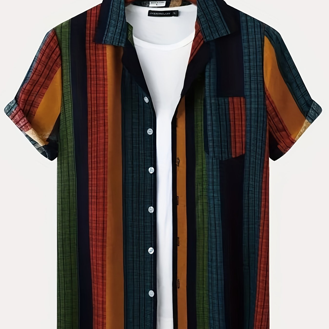 TEMU Men's 3d Striped Casual Shirt- Relaxed Fit Short Sleeve Lapel Button-up With Vibrant Color , Machine Washable Summer Outdoor Streetwear Top,