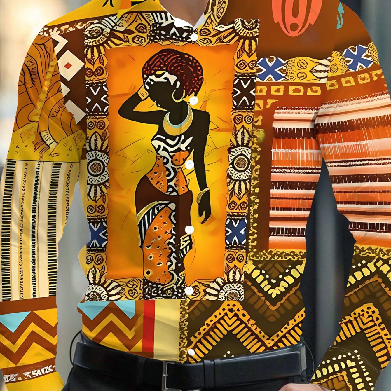TEMU 2026 's Long Sleeve Shirt, African Tribal Pattern Print Shirt, Retro Ethnic Style Shirt, Individual Fashion Casual Versatile Top, Machine