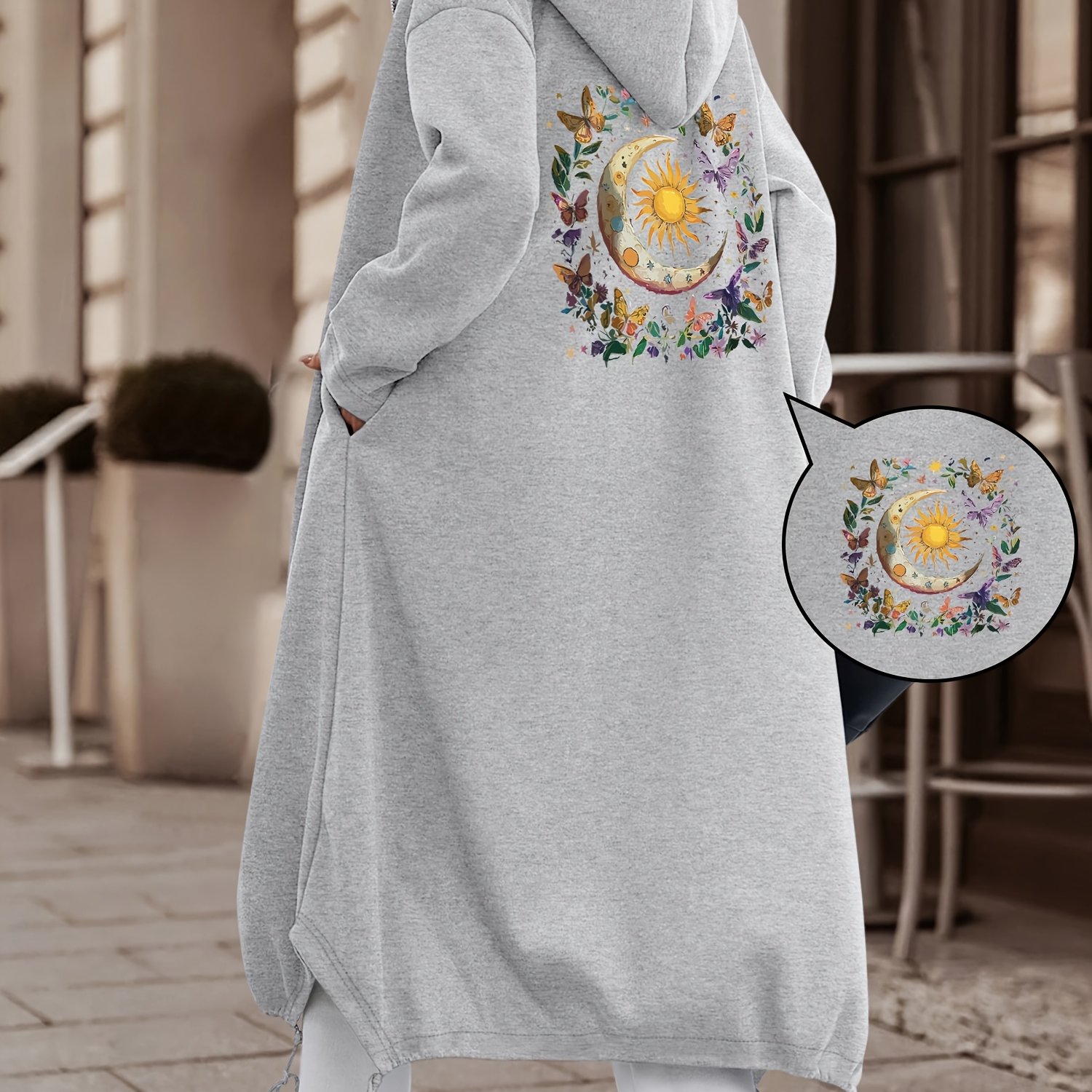 TEMU Women's Casual Fashion Long Hooded Jacket With Front And Back Print Of Sun And Moon Combination Pattern   Floral And Decorative Elements,