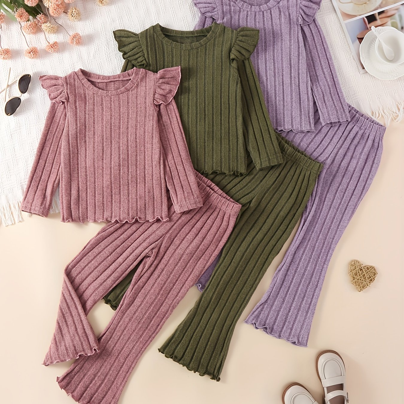 Girls' Spring/autumn Ruffle Sweet Fashion Long-sleeve Flared Pants Set, 3-pack Set