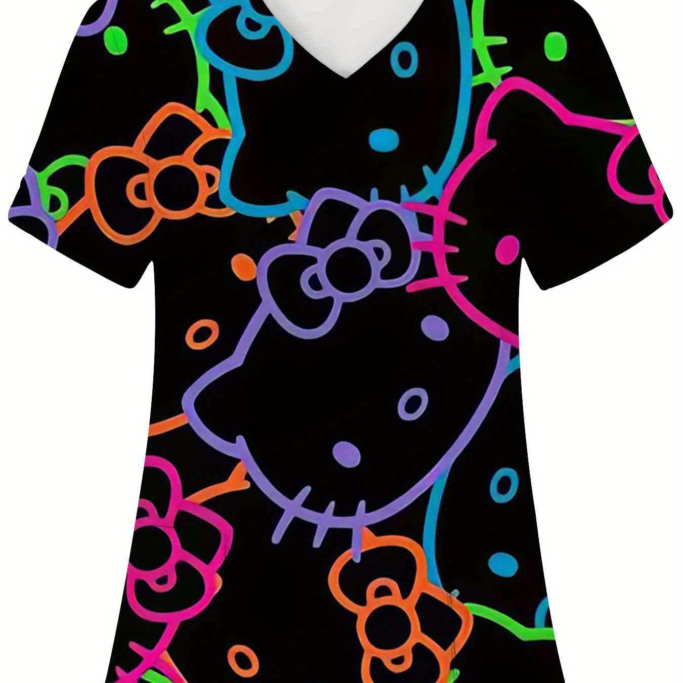 Plus Size, Nurse Uniform Hello Kitty Print All Scrubs For Women Workwear Full Print