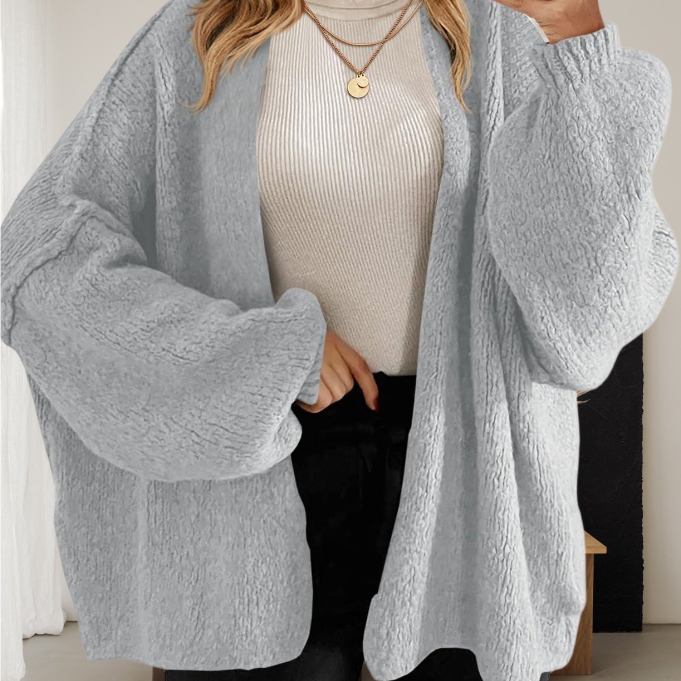 Casual Long Cardigan Sweaters For Women With An Oversized Fit, Featuring An Open Front, Chunky, And Lantern Sleeves, Perfect For Fall