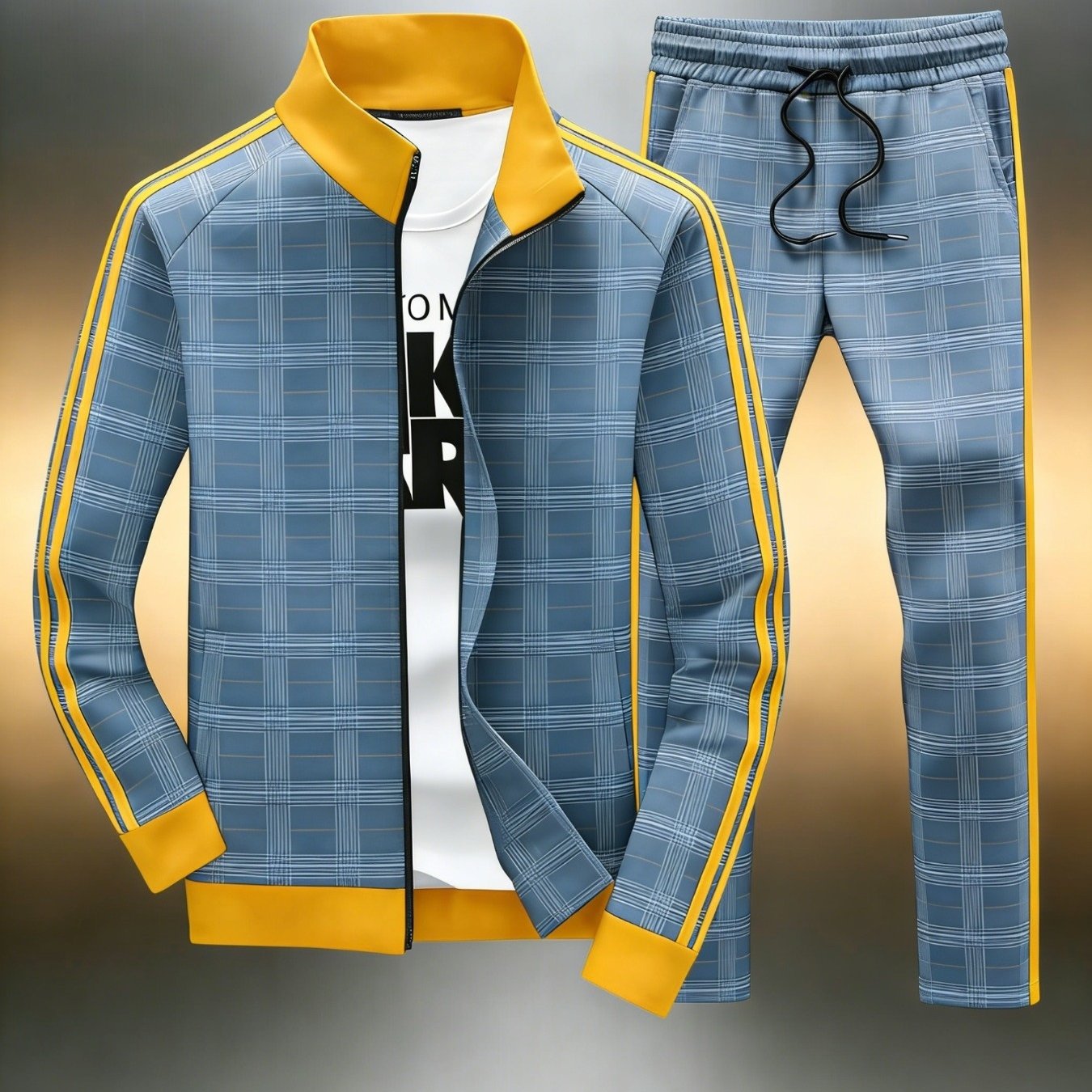 Teenager's Teenager Long Sleeve Sports Jacket Set - Geometric Grid Pattern Zip Jacket And Jogging Pants Set, Casual Sportswear, 2pcs Matching Apparel, Contrasting Piping, For Outdoor, For Teenager