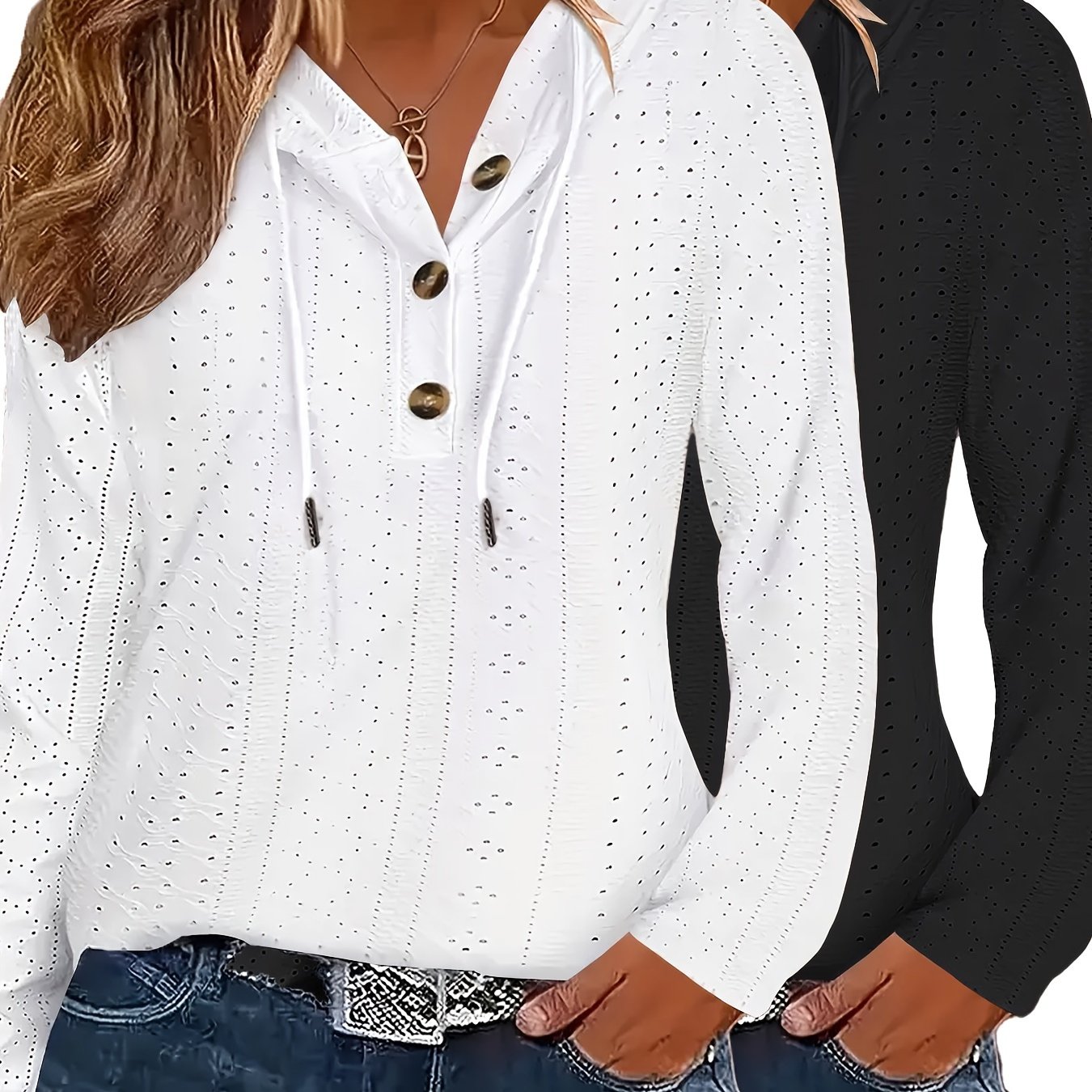 2pcs Women's Casual Small Hole Embroidery Long Sleeve Hooded Button-up Loose Top