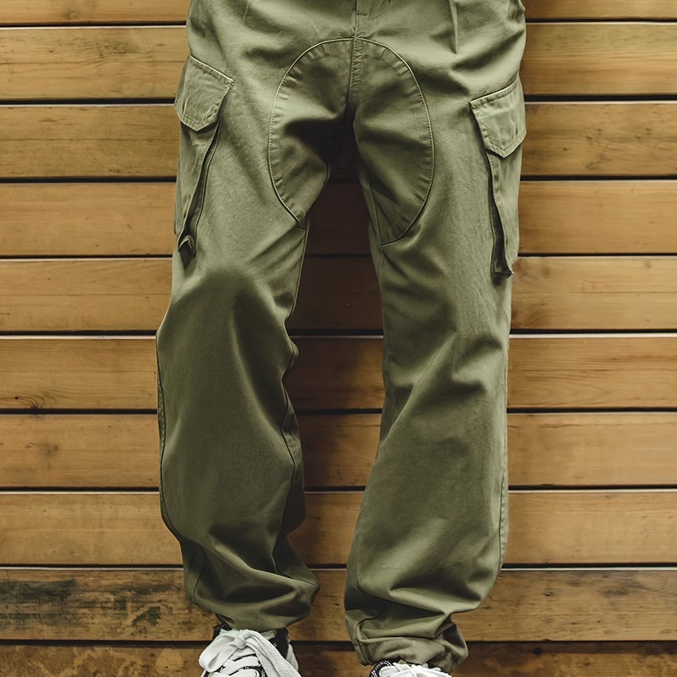 Men's Vintage Style Loose 100% Solid Cargo Pants With Multi Pockets, Drawstring Trousers For