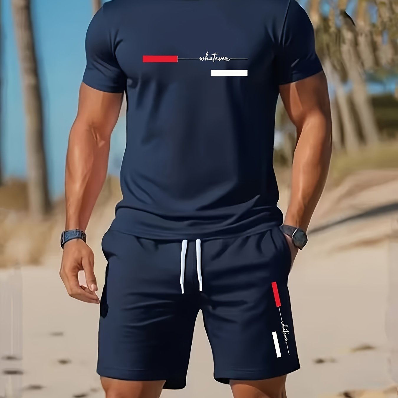 TEMU Summer Men's Short Sleeve T-shirt And Shorts 2pcs Set, Comfortable Casual, Fashionable Pattern Print, Summer Collection, Regular Fit Machine