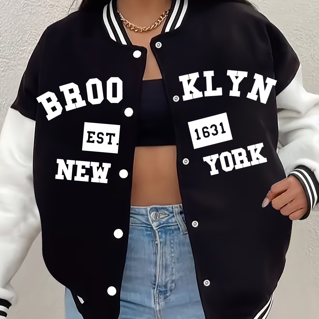 TEMU Women's Autumn Winter Casual Baseball Jacket, Plus Size Women's Brooklyn Letter -block Baseball Collar Jacket Coat, Preppy Style Long Sleeve